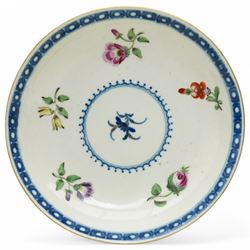 Worcester tea bowl and saucer, c.1770, painted with polychromatic floral sprays within blue borders, bearing crescent marks to base, with another similar early example, unmarked