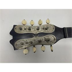 French mandolin with segmented lute back and mother-of-pearl inlaid spruce top; bears label for 'Jerome Thibouville-Lamy & Cie Paris L60cm; and another unmarked flat-back mandolin; both for completion (2)