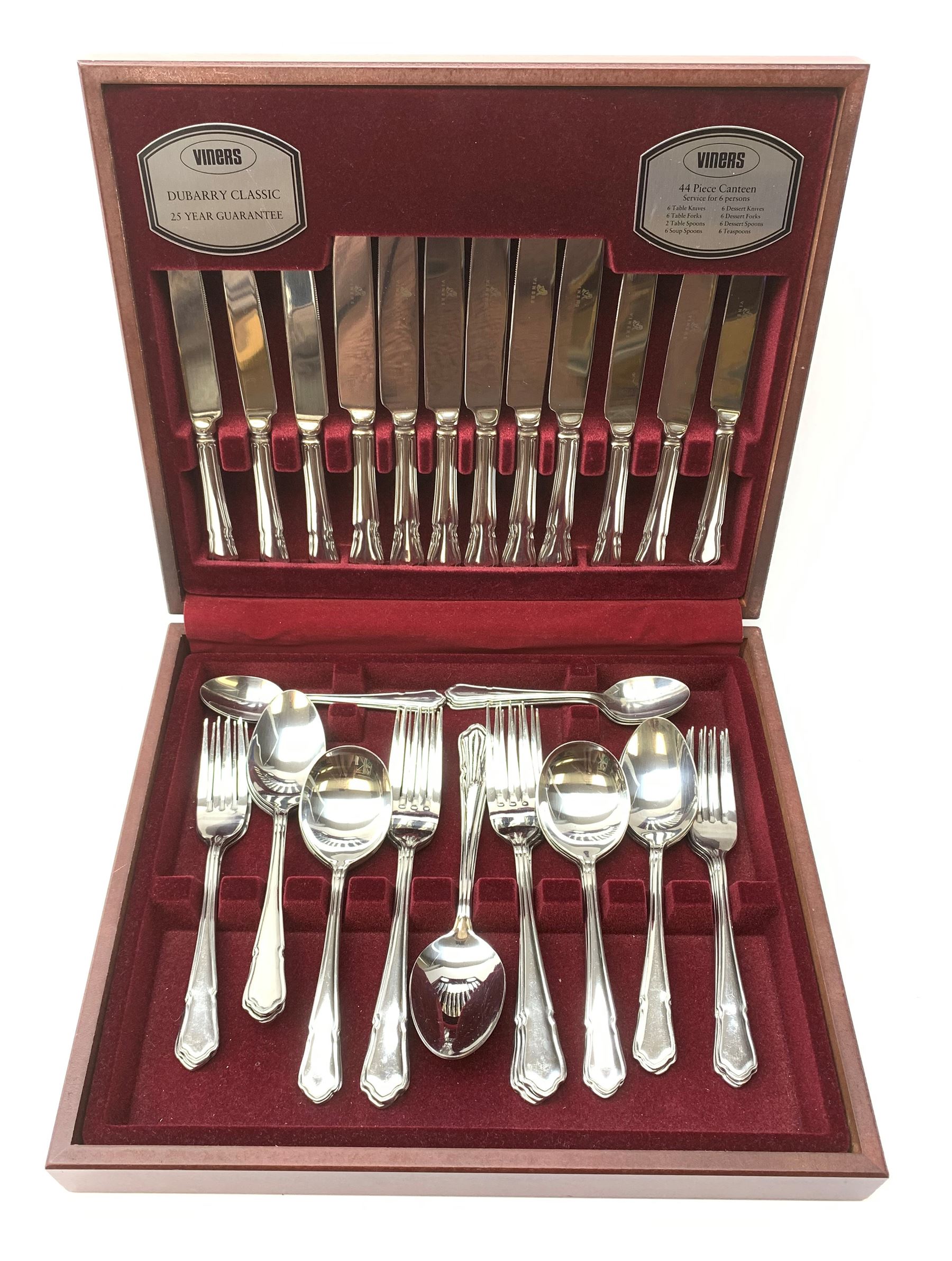 Viners Dubarry Classic stainless steel 43 piece canteen, lacking one teaspoon in canteen with paperwork 