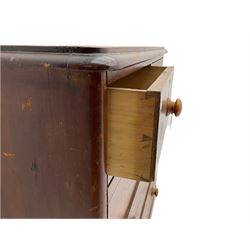 Chatsworth House - 19th century Victorian stained pine chest of drawers from Chatsworth House servant's quarters, moulded rectangular top over two short and three long drawers, plinth base. Provenance: Previously lot 1065 from the 