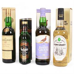 Mixed single malt Scotch whisky, comprising Glenlivet 12 year old, Famous Grouse 10 year old, Glen Grant 5 year old and Glenfiddich Special Reserve, various contents and proof, all with original boxes   