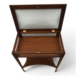 Edwardian inlaid mahogany bijouterie display table, square tapering supports inlay, orange baize lining shaped undertier