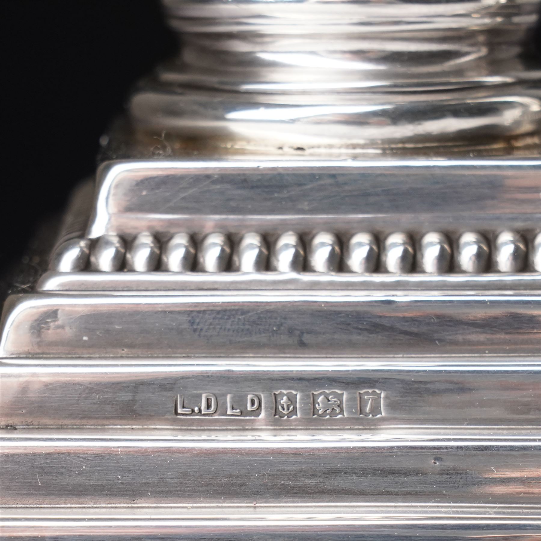 Pair of silver Corinthian column candlesticks with stepped square bases H30cm Birmingham 1968 Makers mark L.D.Ld