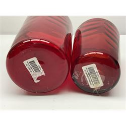 Marriott Powell for Whitefriars, Optic Wave red glass bucket vase, together with similar smaller example, tallest H20cm