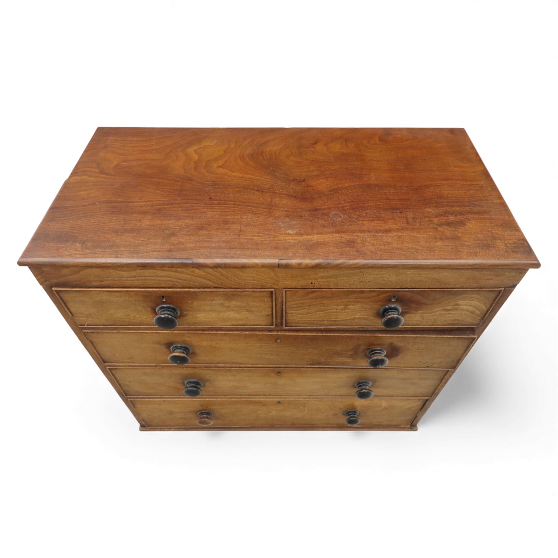 19th century mahogany chest, fitted with two short over three long cock-beaded drawers, turned wooden handles