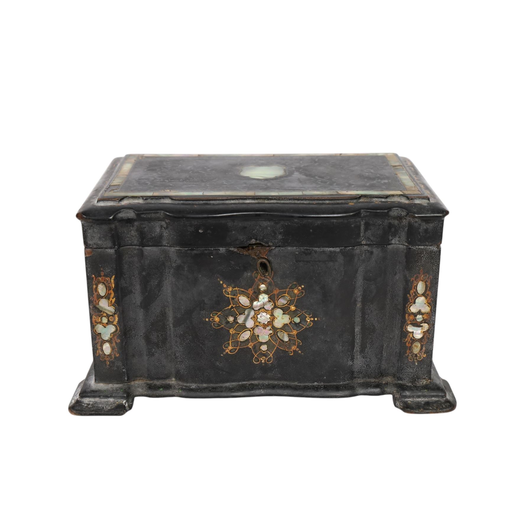 Black lacquered tea caddy with mother of pearl inlay, together with another box with mother of pearl inlay