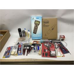 Quantity of model making tools and accessories including Dewinner Mini Grinder Set; Power Cab DCC Starter Set; syringes; assorted glue; track pins; paint brushes; wire stripper; Hot Wire Foam Cutter etc; predominantly unused in packaging