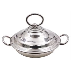 Late Victorian silver entree dish, of plain circular form, with twin ring handles and single ring handle to domed cover, opening to reveal removable silver partition to interior, each element hallmarked John Round & Son Ltd, Sheffield 1899