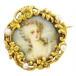 19th century gold pearl portrait brooch and similar pendant, each set with a miniature of a woman, on ivory, within gold scrolled frames. This lot has been registered for sale under Section 10 of the APHA Ivory Act