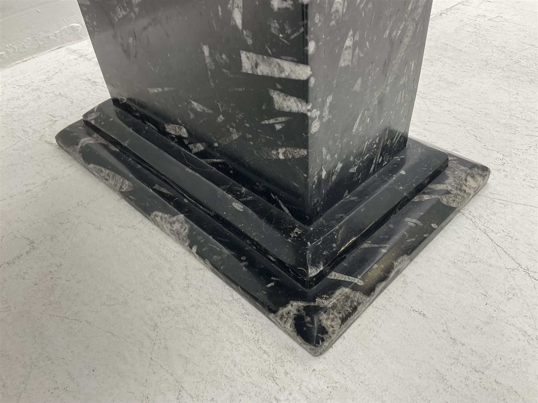 Marble hall table with orthoceras and goniatite inclusions, the rectangular top upon two rectangular stepped plinths, H75cm, L135cm, D78cm 