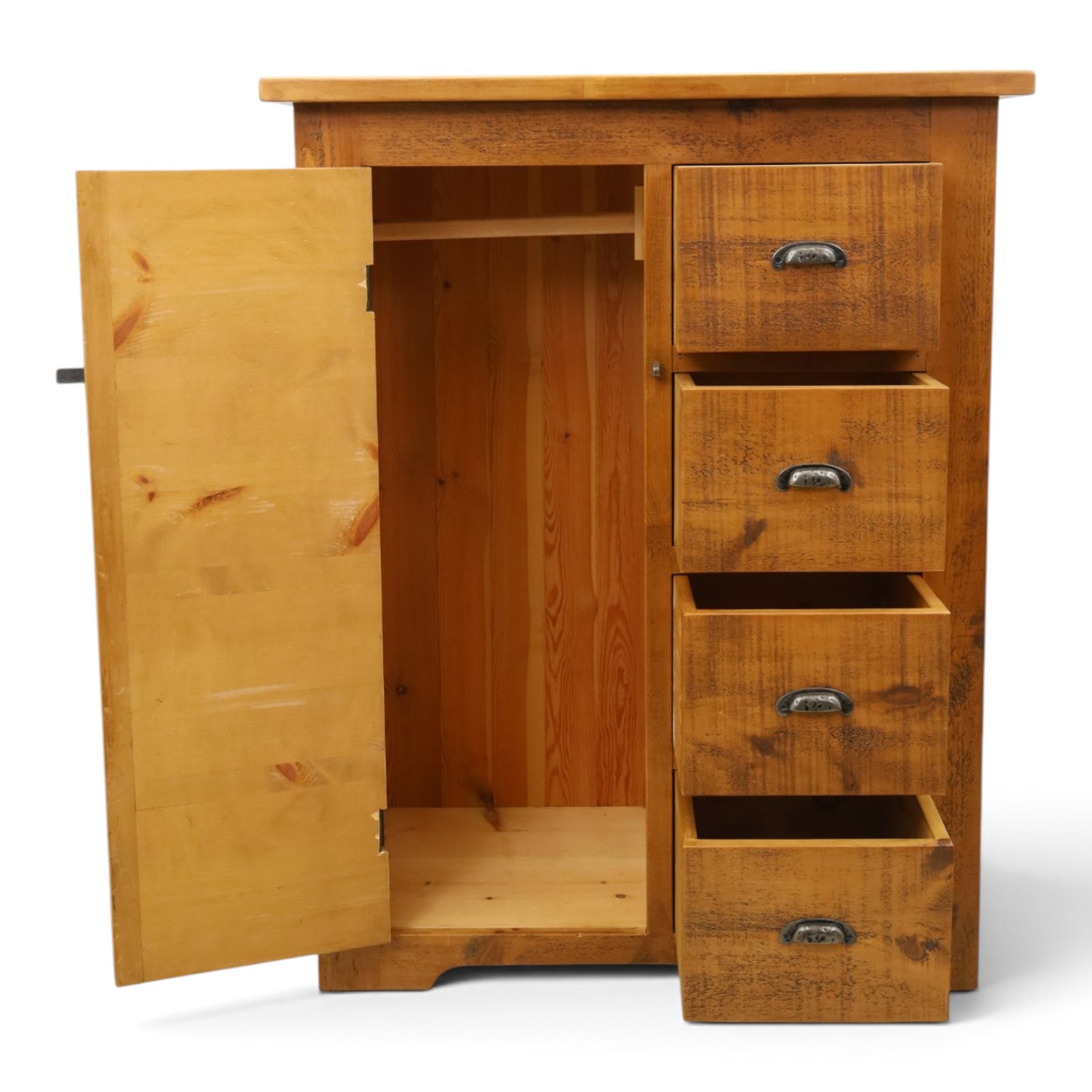 Indigo Furniture - large rustic oak cupboard with faux-drawer fronted cupboard, rectangular top above a cupboard door to the left with latch, a bank of four drawers to the right, metal cup handles raised on shaped supports