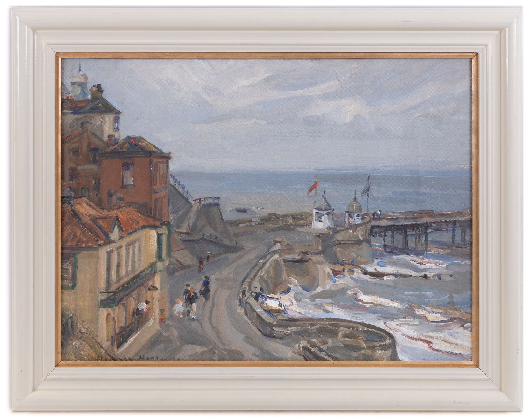 Florence Adelina Hess (Staithes Group 1891-1974): Figures at the Mouth of Cromer Pier, oil on canvas laid on to panel signed and dated '57, 30cm x 40cm
