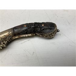 19th century Singhalese knife pia kaetta, the 20cm steel blade inset with yellow and white metal, with metal mounted carved pistol grip, in plain wooden scabbard L33cm overall