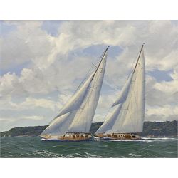 George Drury (British 1950-): 'Velsheda and Endeavour Racing On the Solent', oil on board ...