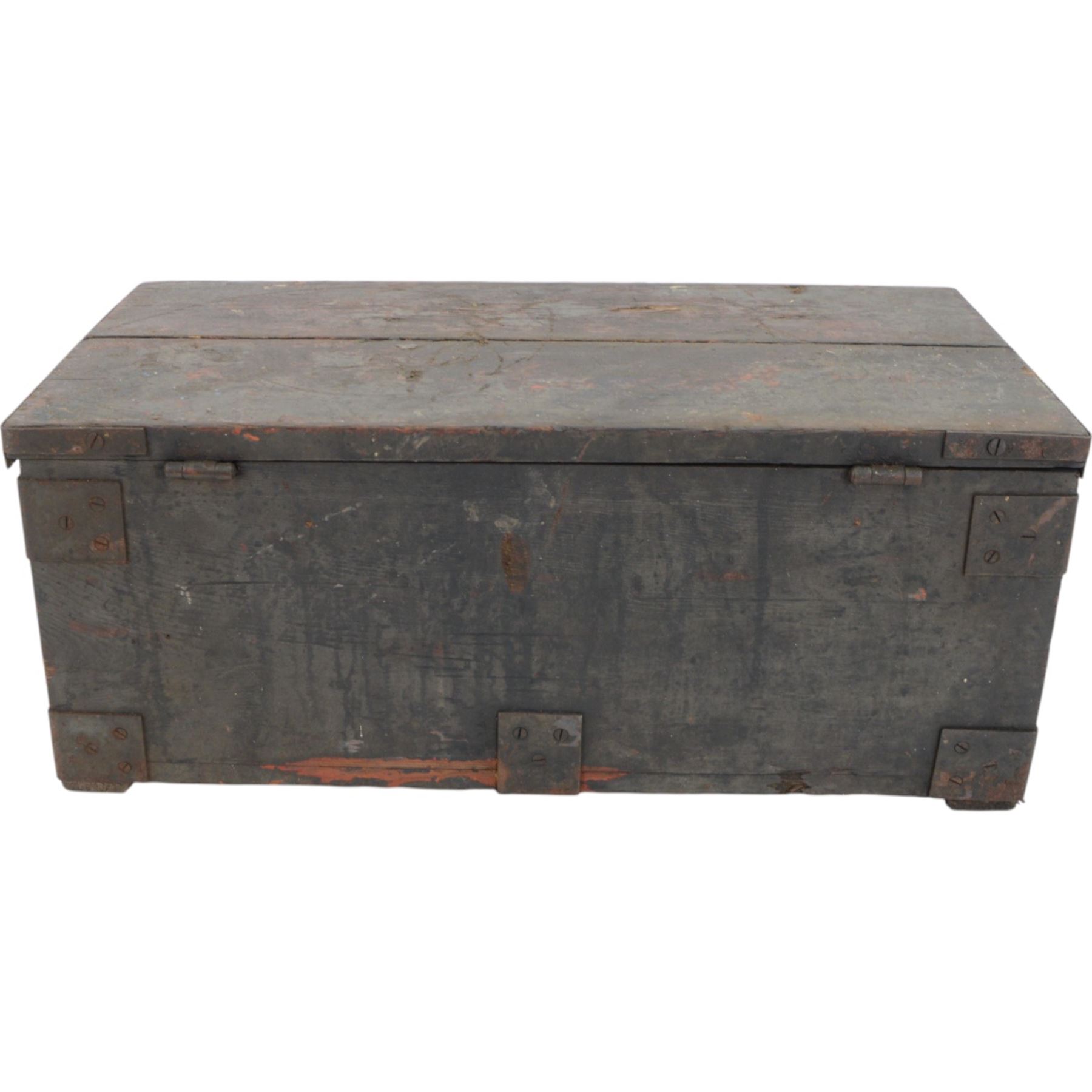 Two gas masks, together with a green tin helmet, cased within a wooden box with hinged lid 