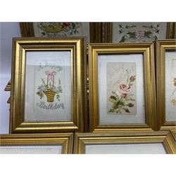Collection of twenty five, mostly WWI period embroidered silk greetings cards and postcards, including 'To my sweetheart', 'I love you' and 'To my dear little boy' examples, all within modern gilt frames