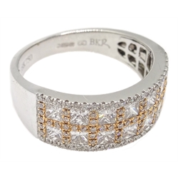  18ct white gold two row princess cut diamond and round brilliant cut diamond ring, hallmarked, diamond total weight 1 carat  