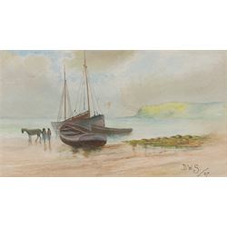 R Livingstone (English School 20th Century): Jockey on Horseback - potentially Lester Piggott, oil on wood panel signed; S Sparke (British 20th century): Roseberry Topping, pair of watercolours signed, one dated '84, and D W S (English School 20th Century): Boats Washed Up on the Beach, pair of watercolours signed with initials and dated '27, max 20cm x 45cm (5)