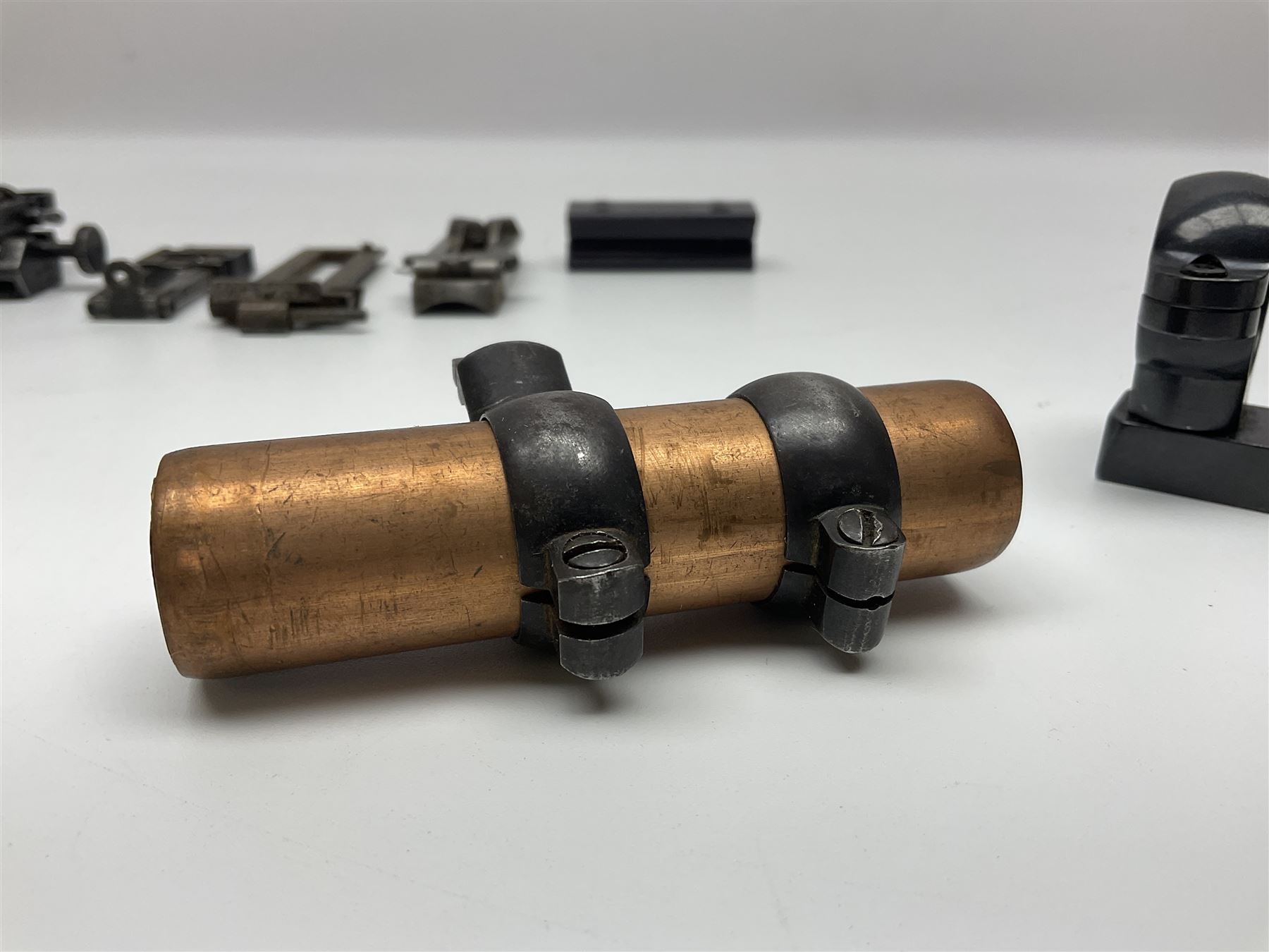Collection of rear sights and mounts etc including Fraser Edinburgh patent pending no.28330, Martini Henry, part Mauser, .303 No.4 etc