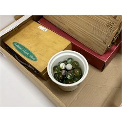 Condenser microphone, together with CD player, carved chess set, wooden figures etc in three boxes  