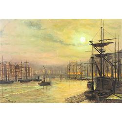 After Walter Linsley Meegan (British c1860-1944): Whitby Harbour by Moonlight, oil on canv...