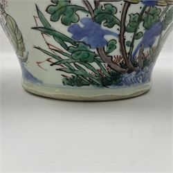 19th century Chinese Wucai vase and cover, decorated  with peacock on blue rockwork and other birds flying amongst tree peonies, H43cm