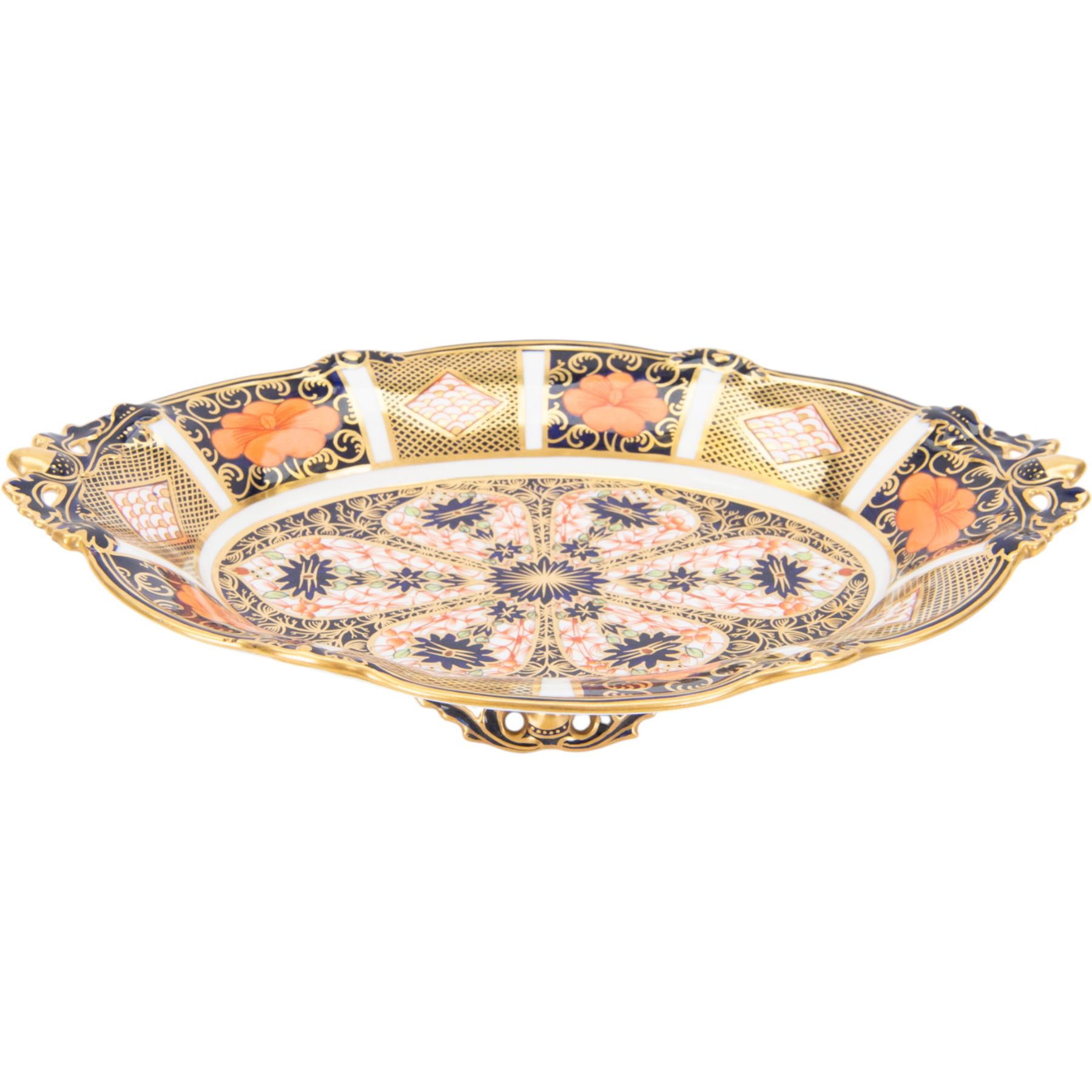 Royal Crown Derby dish, Imari 1128 pattern, of lozenge form, with pierced handles moulded with acorn terminals, L30cm