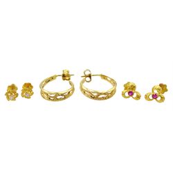Three pairs of 18ct gold stud earrings including hoop and paste stone set