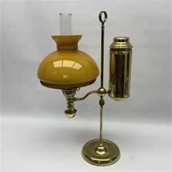 Brass adjustable student's oil lamp, with yellow glass shade, H52cm