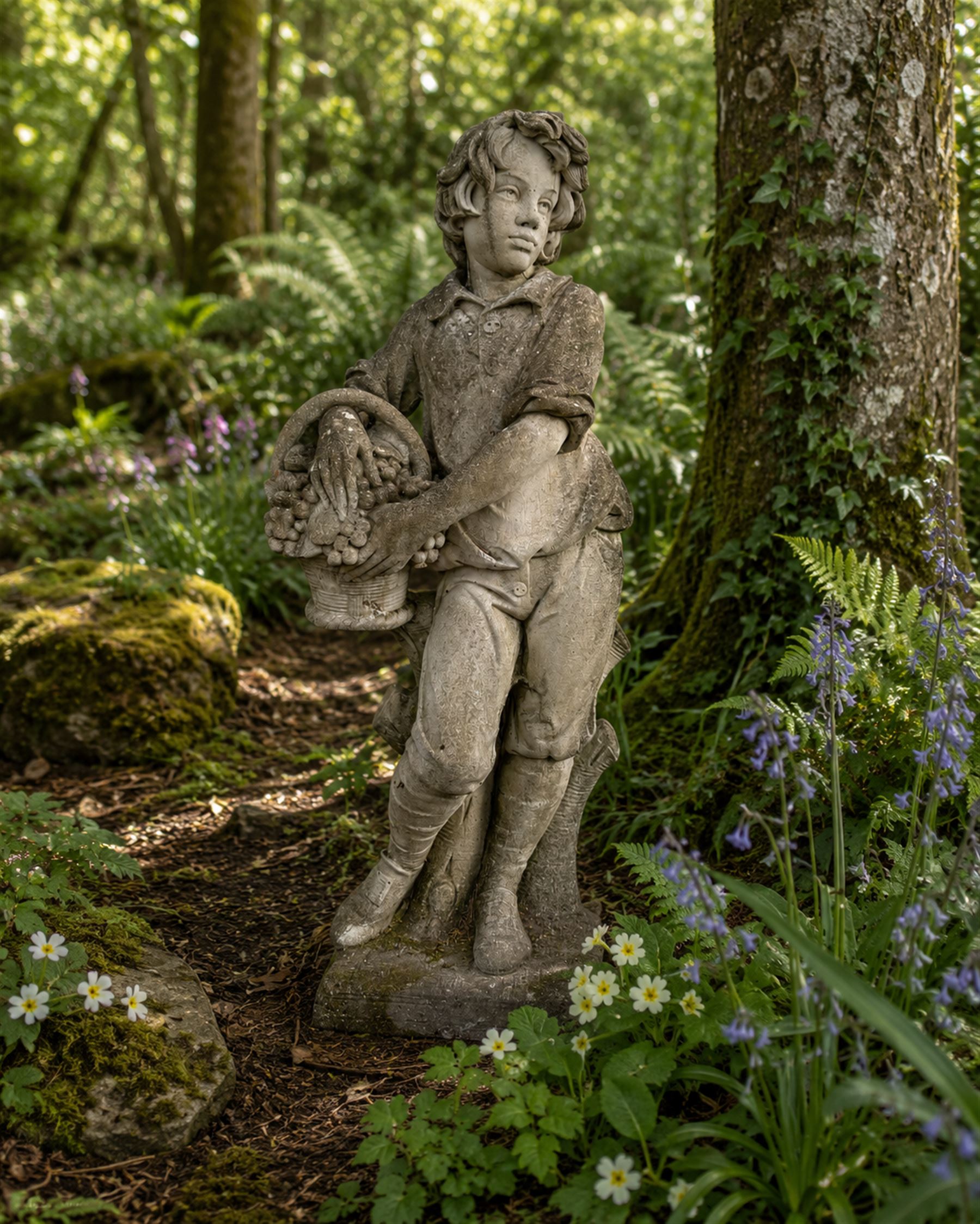 Haddonstone - weathered cast stone garden statue of a boy holding a basket of grapes, modelled with curled locks of hair wearing a tunic and breeches leaning against a naturalistic tree stump, on square base