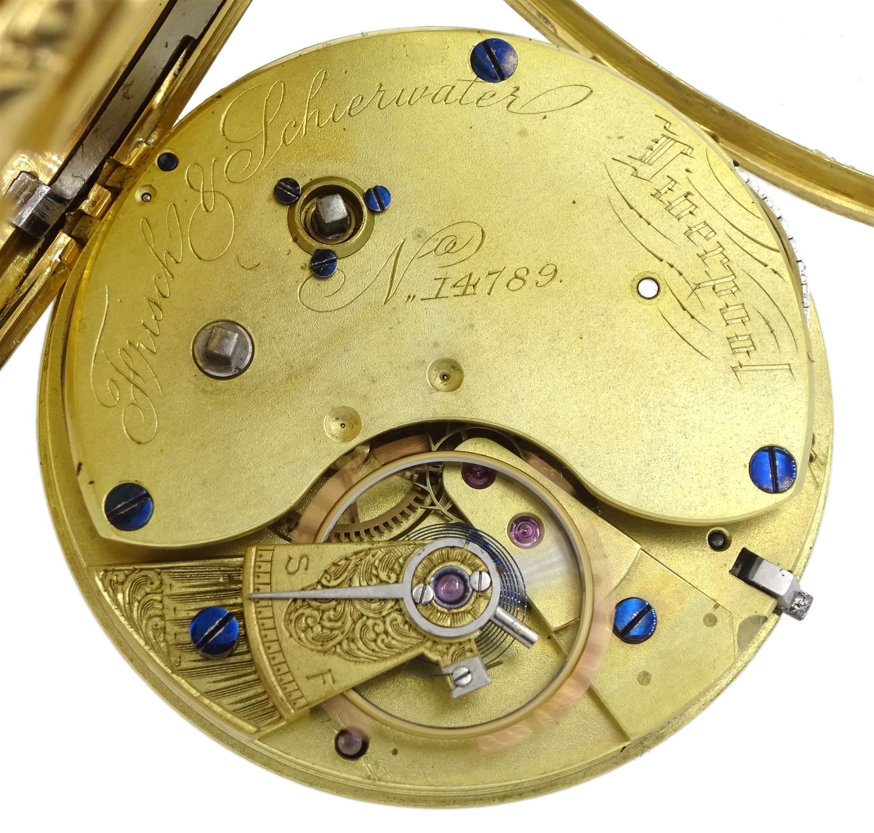 Victorian 18ct gold open face English lever fusee pocket watch by Frisch & Schierwater, Liverpool, No. 14789, cream dial with Roman numerals and outer Arabic minute ring, the back case with engraved decoration depicting a village scene, case by Christopher Jones, Chester 1843, on gold chain with silver vesta case by A & J Zimmerman Ltd