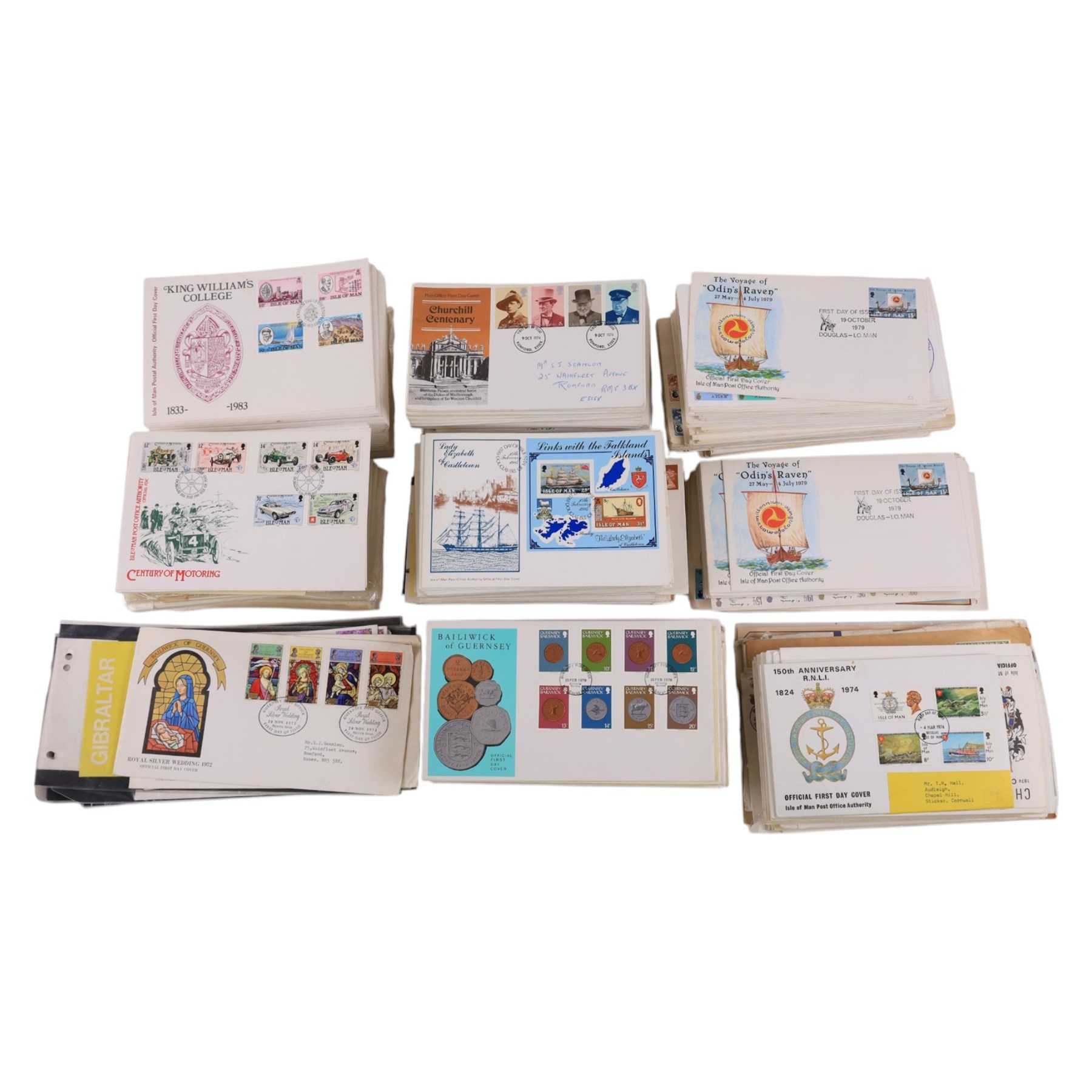 Great British and World stamps, including Isle of Man covers, other first day covers, State of Qatar stamps, etc, in two boxes