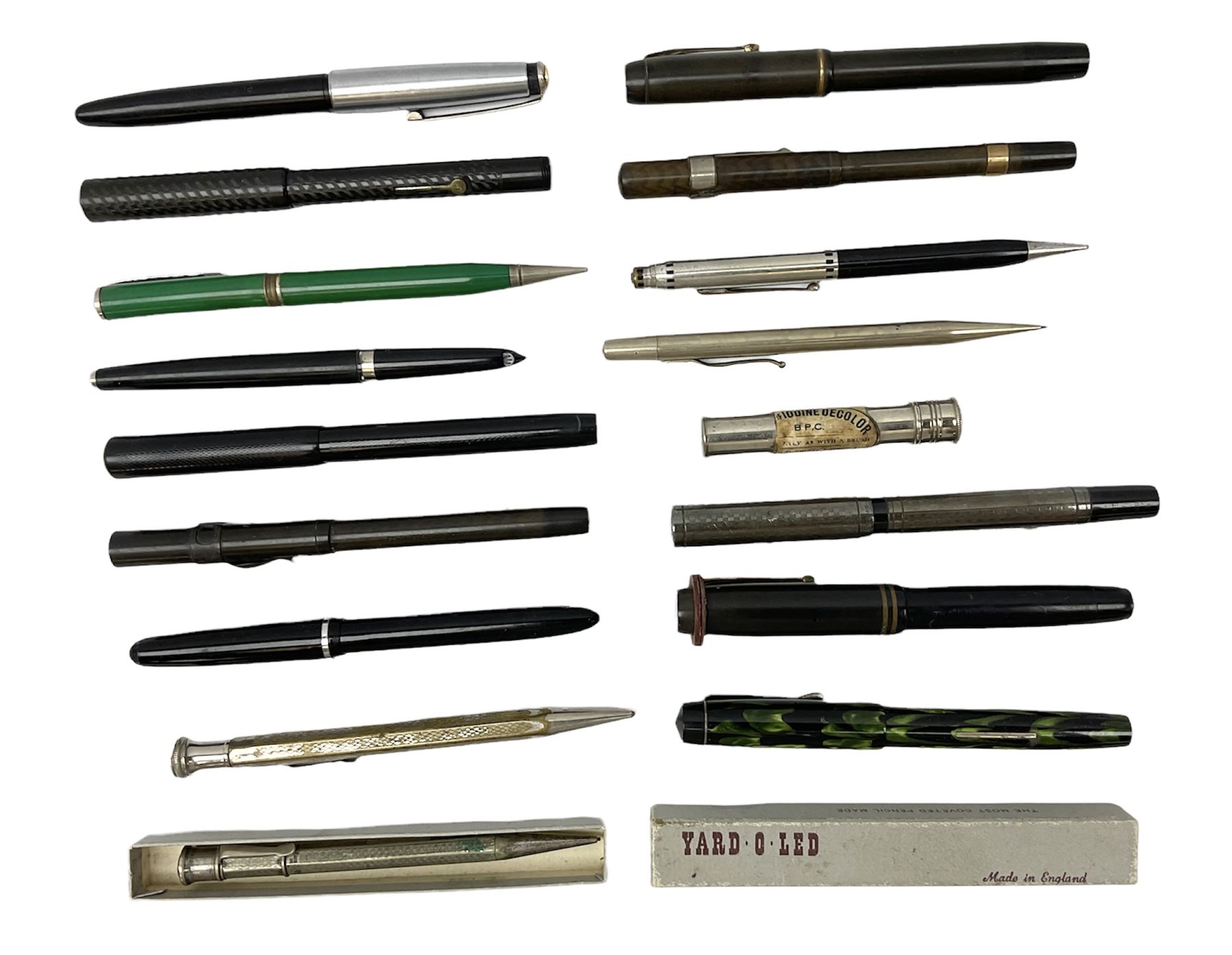  Silver Waterman's Ideal fountain pen with textured decoration, stamped Sterling, together with other fountain pens with gold nibs to include 14ct gold examples, together with further pens to include ballpoint examples
