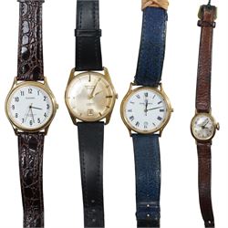 9ct gold stone set brooches, 9ct gold wristwatch, three pence coin bracelet with a French gold filled Virgin Mary medallion, Stratton marcasite set compact, gilt propelling pencil, various wrist watches, Standard U.S.A pocket watch etc 