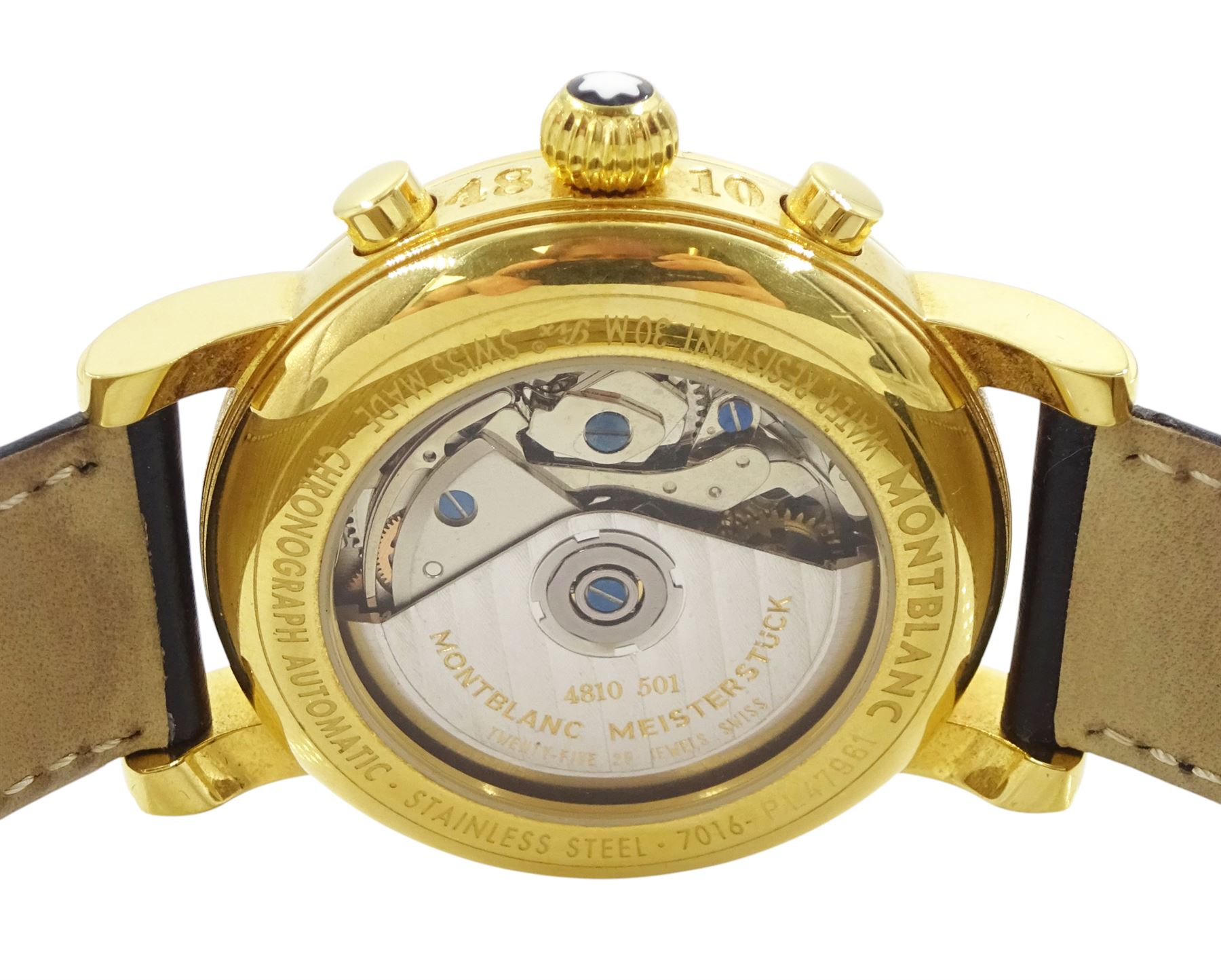 Montblanc Meisterstück gentleman's automatic chronograph gold-plated wristwatch, Ref. 7016. Cal. 4810 501, black dial with Arabic hour markers, dials at 6, 9 and 12 for seconds, 30 minute and 12 hour recording, day / date aperture, on original black leather strap, with gilt Montblanc buckle, boxed with warranty dated 1999
