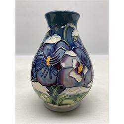 Moorcroft vase decorated in Christmas Pansy pattern, designed by Rachel Bishop, with printed and painted marks beneath, in original box,  H14cm