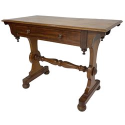 Victorian design mahogany side table, fitted with single drawer, raised on shaped end supports with bun feet, united by turned stretcher