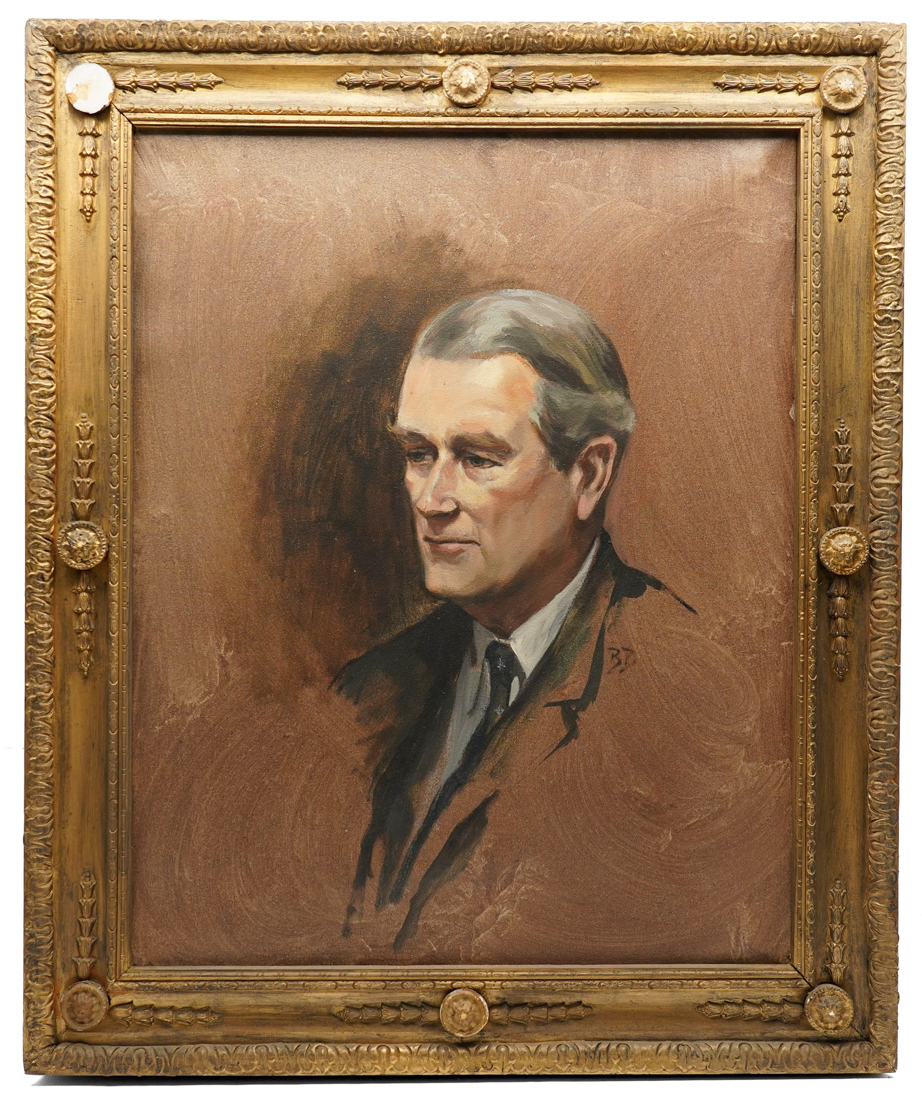 Brenda Bury (British 1932-): Members of European Parliament - 'Sir Stanley James Allen Hill' 'Sir Douglas Dodds-Parker' 'Sir William John Peel' 'Sir Brandon Meredith Rhys-Williams 2nd Baronet' 'Sir Tom Normanton' and 'John Hill MP', set of six oils on canvas signed with initials, in matching frames, 76cm x 59cm (6) Provenance: Property of a Nobleman.