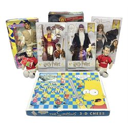 Three Mattel carded Harry Potter dolls - Harry, Hermione & Dumbledore; Vivid Imaginations Take That Robbie doll; all boxed; three Manchester United figures of players (one boxed); and The Simpsons 3-D Chess Game; boxed