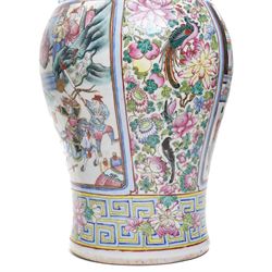Large pair of 19th century Cantonese famille rose vases, each painted with various courtly scenes, including a display of warriors fighting on horseback before an official and his attendants, double Buddhist lion handles and applied at the shoulders with chilong, the lower band painted with Greek key motif, H58cm (2)