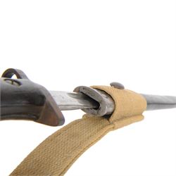 British bayonet, the 44cm blade stamped to the the ricasso Sanders, with wooden two piece grip,  in a steel scabbard with canvas frog, overall L58cm