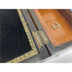 Victorian mahogany writing slope, the brass bound hinged cover opening to reveal tooled leather and gilt interior with two glass inkwells, together with a similar parquetry inlaid writing slope, with central mother of pearl inlay enrgraved 'Sarah', tallest H17cm 