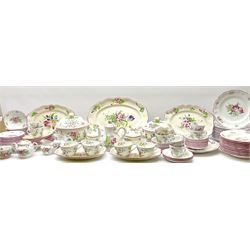 Matched Copeland Spode, Spode and French Luneville and Marlborough Sprays pattern dinner and tea wares, comprising two tureen and covers and apple finials, two sauce tureen and covers with pear finials and fixed stands, six graduated platters including two pairs, large plate, thirteen dinner plates, twelve bowls, ten smaller bowls, eight side plates, eleven smaller side plates, teapot, twin handled sucrier and cover with apple finial, open sucrier, cream jug, smaller cream jug, four breakfast cups, eight tea cups, four large saucers, eleven smaller saucers, and nine further smaller saucers. 