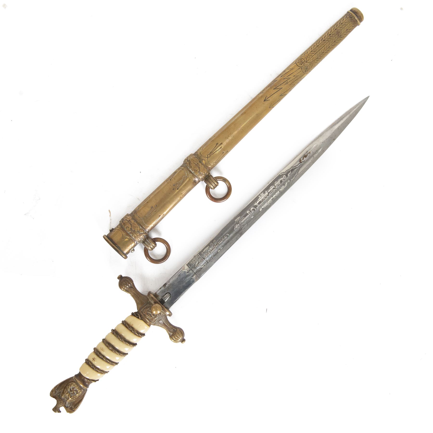 WWII German Third Reich Kriegsmarine naval dagger, with 24cm double edged blade engraved to both sides, the ricasso marked EuF Horster Solingen, 
with eagle pommel and wirebound ivorine celluloid handle, in brass engraved scabbard, overall L41cm
