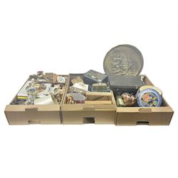 Selection of collectables, to include glass handbags, brass chargers, ceramics etc, in three boxes 