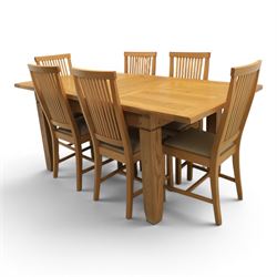 Contemporary oak dining extending table and set of six chairs, with additional leaf  extending to 182cm, chairs with cream upholstered seat