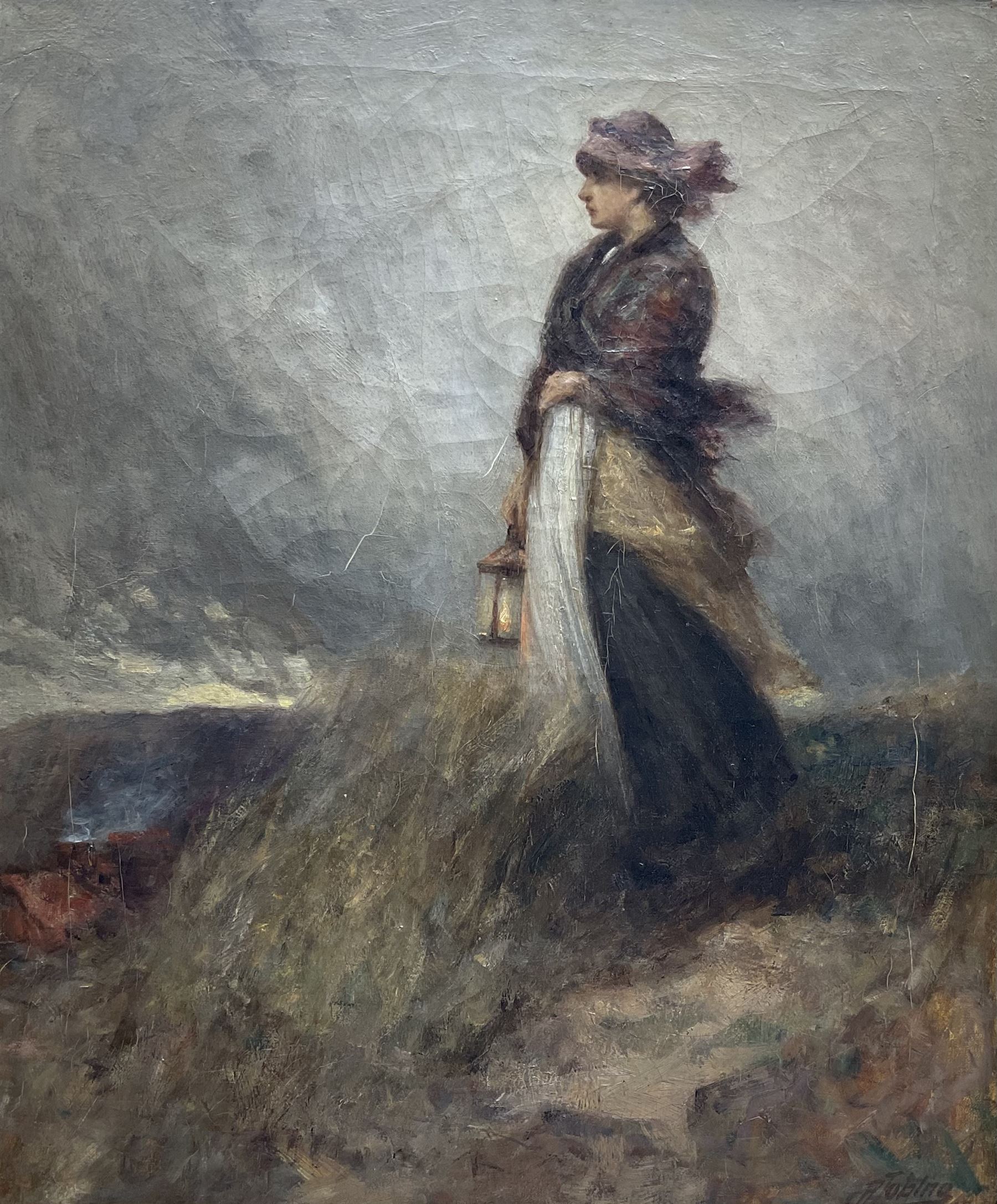 Robert Jobling (Staithes Group 1841-1923): Fisher Girl standing on the Lookout Staithes, oil on canvas signed 60cm x 50cm