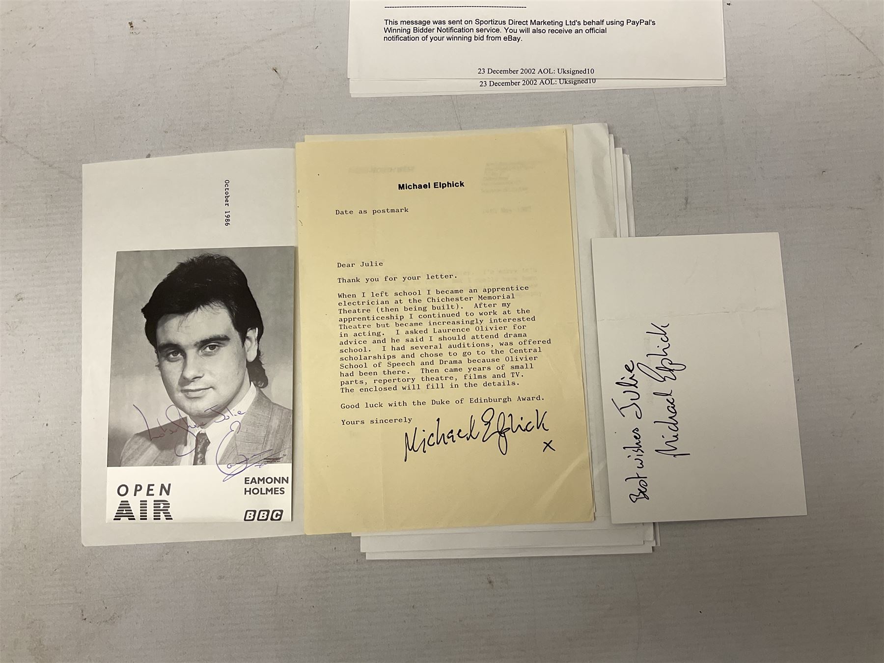 1949 England cricket team signatures including Hutton, Compton, Edrich, Laker etc on loose album page; and large quantity of other autographs of predominantly TV Soap Opera stars from Last of the Summer Wine, Eastenders, Emmerdale, Coronation Street, Heartbeat etc and other TV/Film personalities; on promotional photographs and clipped fragments of paper etc