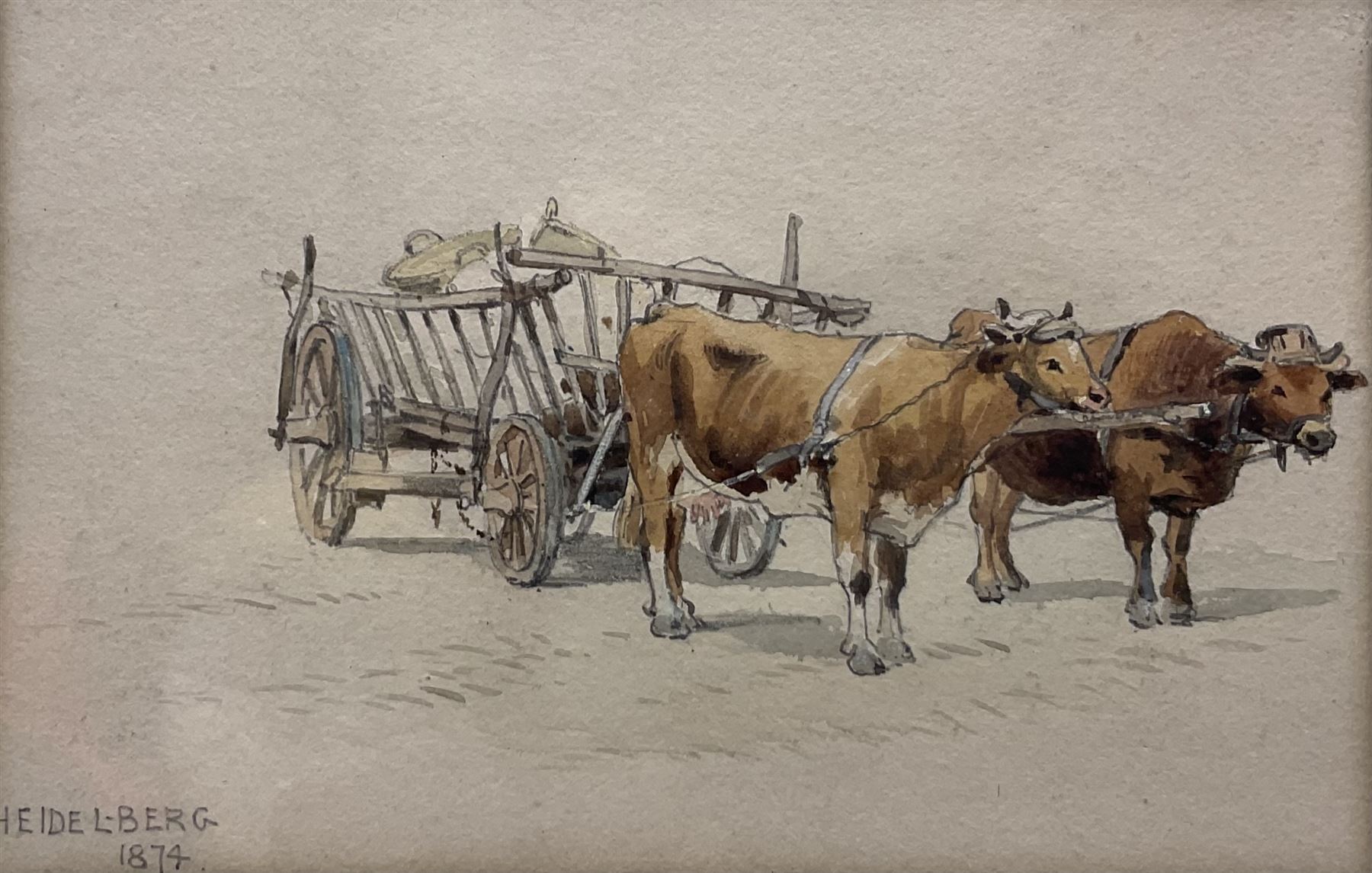 John Sowden (Bradford 1838-1926): Ox Cart in 'Heidelberg', watercolour and pencil unsigned, titled and dated 1874 in the artist's hand 10.5cm x 16cm 
Provenance: with Kirkgate Picture Gallery Thirsk, label verso