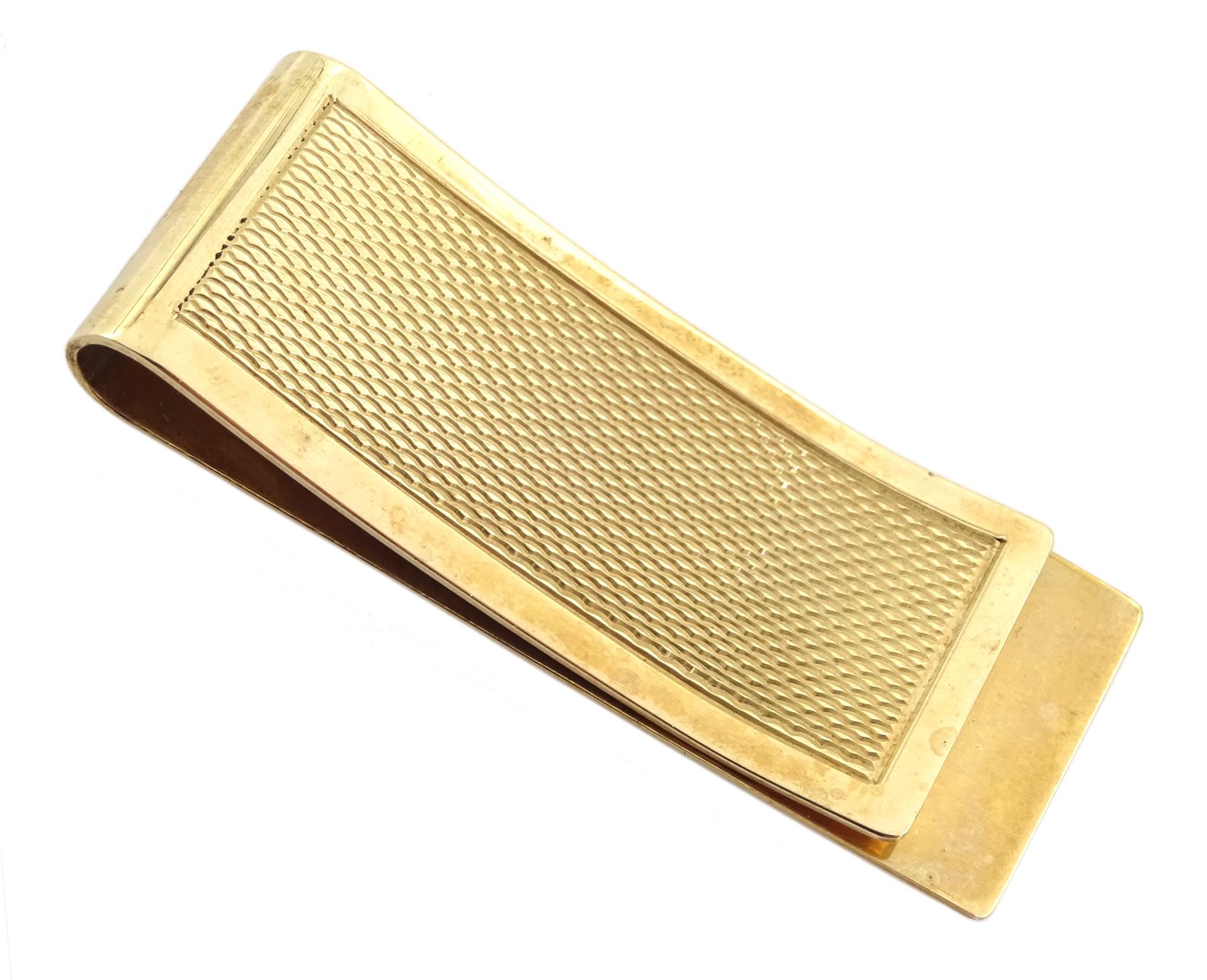 9ct gold money clip, engine turned decoration by William H Manton, Birmingham 1982, approx 15.34gm